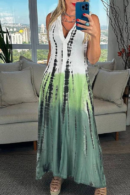 V Neck Sleeveless Color Block Printed Maxi Swing Dress