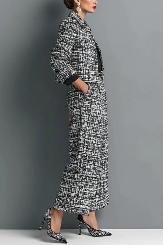 Stylish Long-sleeved Single-breasted Short Jacket and Casual Pocket Wide-leg Pants Sets