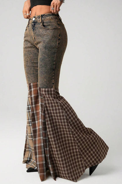 Plaid Patch High Waist Flare Jean