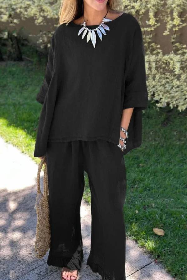 Casual Solid Color Loose Top & Pants Cotton Linen Two-piece Set