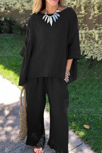 Casual Solid Color Loose Top & Pants Cotton Linen Two-piece Set