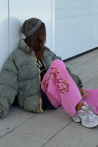 Vintage Washed Cross Embroidery Puffer Jacket