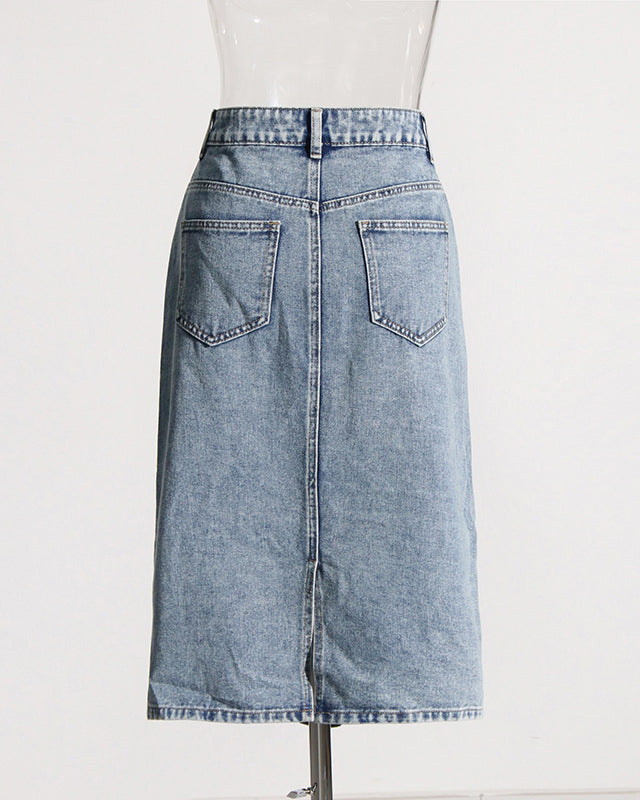 Spliced Hollow Casual Mid-Length Denim Skirt