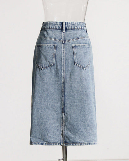 Spliced Hollow Casual Mid-Length Denim Skirt