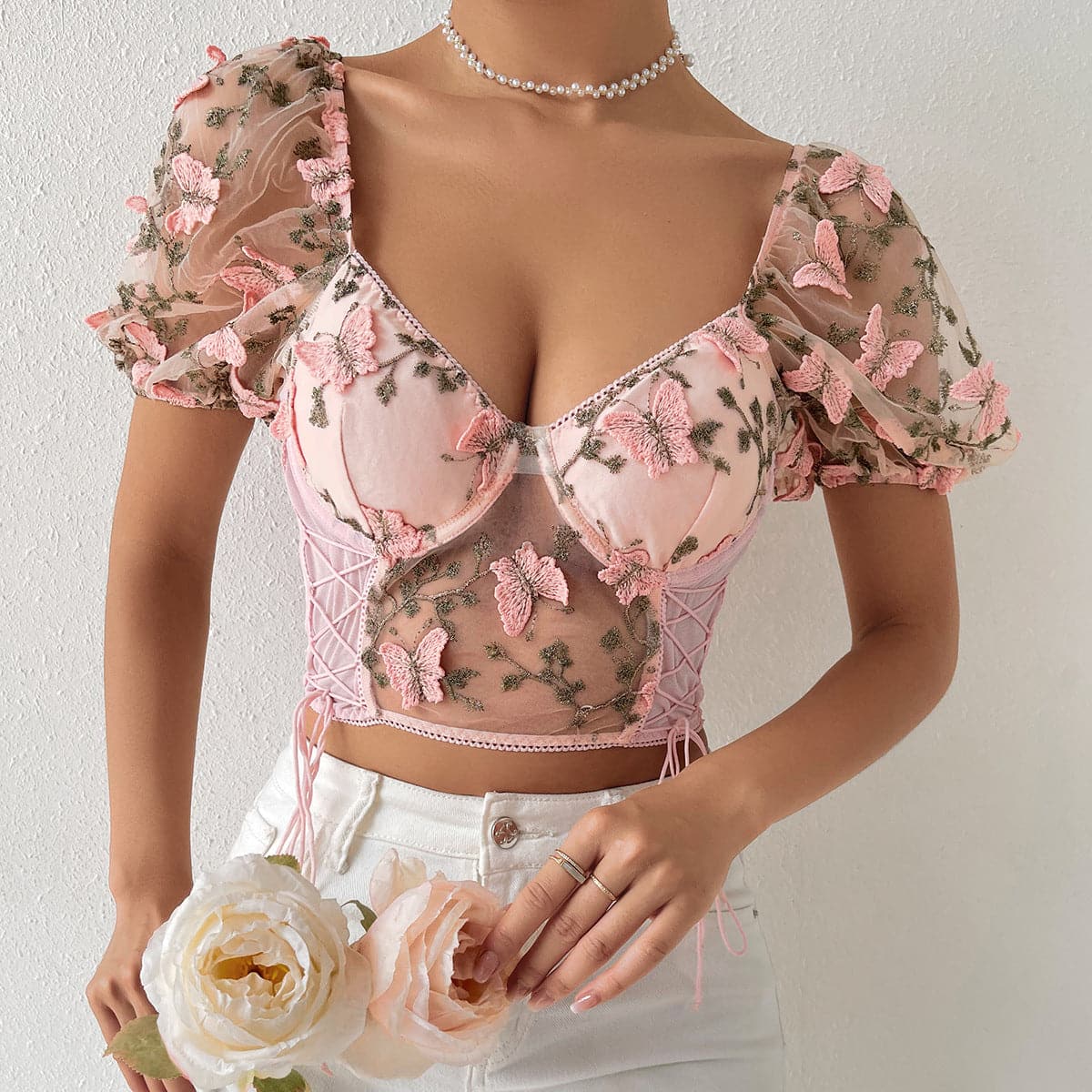 Butterfly embroidery drawstring mesh lace up bustier crop top