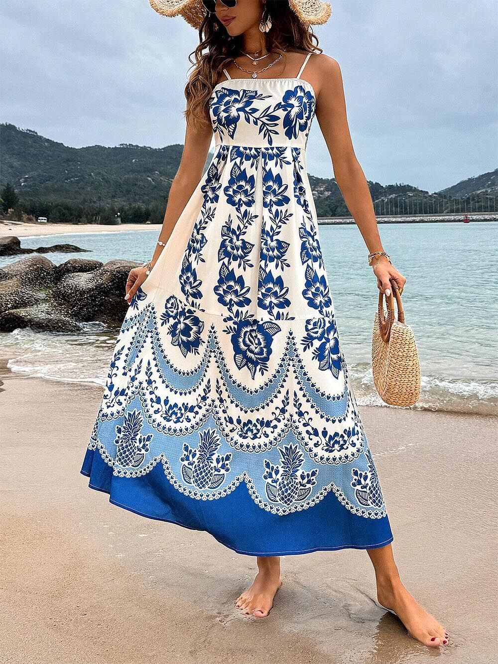 Mediterranean Floral Print Spaghetti Strap Square Neck Tiered Maxi Dress
