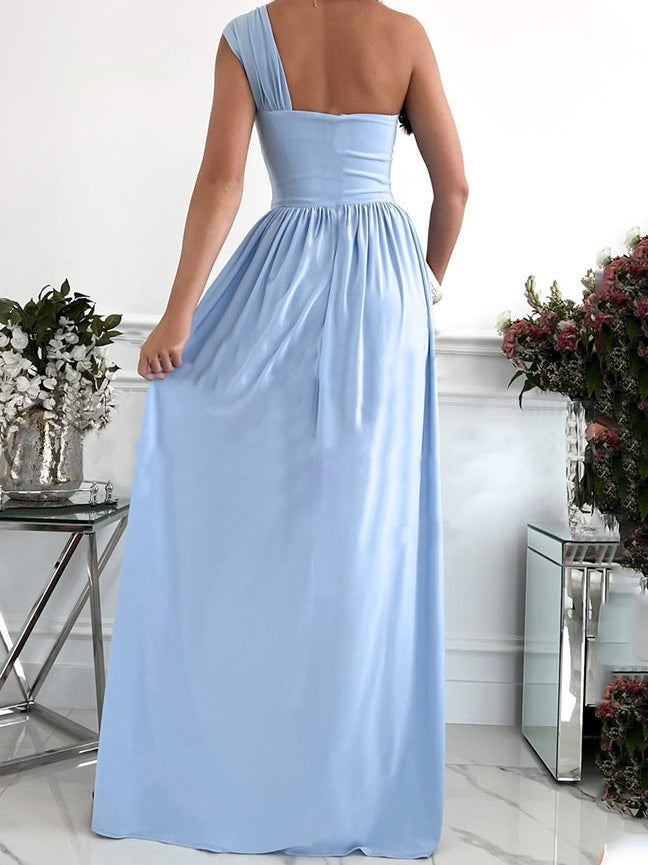 One-Shoulder Ruched Front Tie High Slit Flowy Maxi Dress