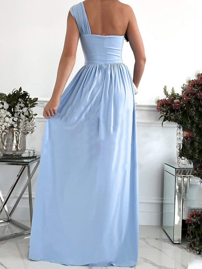 One-Shoulder Ruched Front Tie High Slit Flowy Maxi Dress
