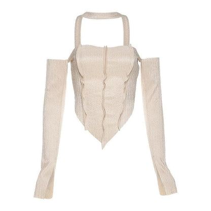 Long sleeve off shoulder patchwork halter top