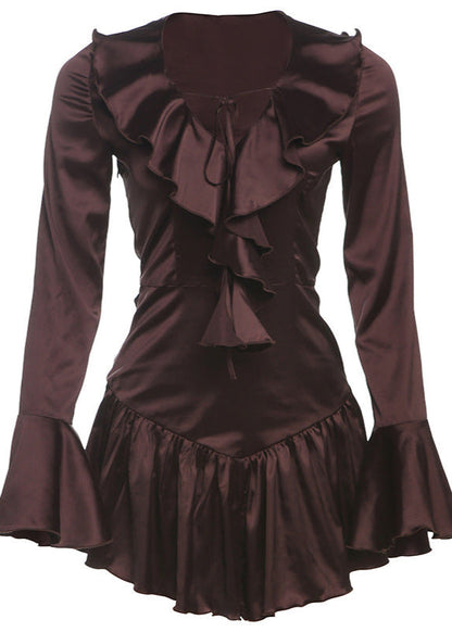 Satin Ruffle Lace-Up Mini Dress