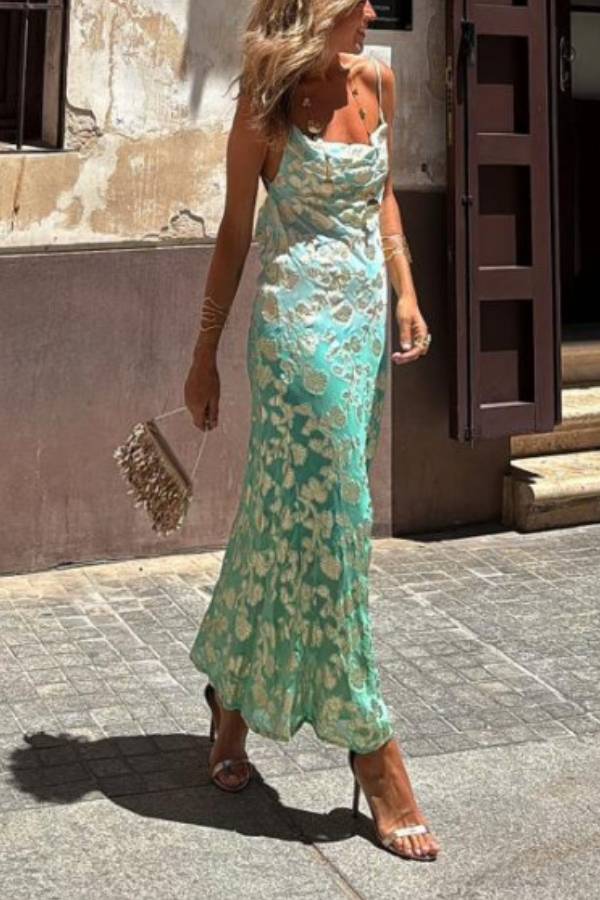 Tie Dye Ombre Gold Floral Print Sexy Strappy Maxi Dress