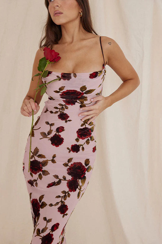 Rose Print Backless Cami Bodycon Maxi Dress