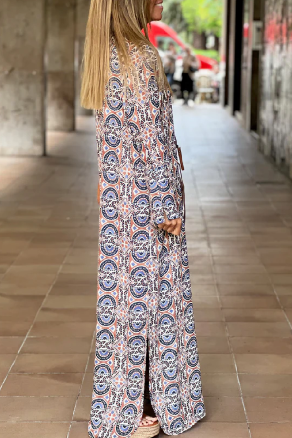 Slit Printed Loose V-Neck Long Dress