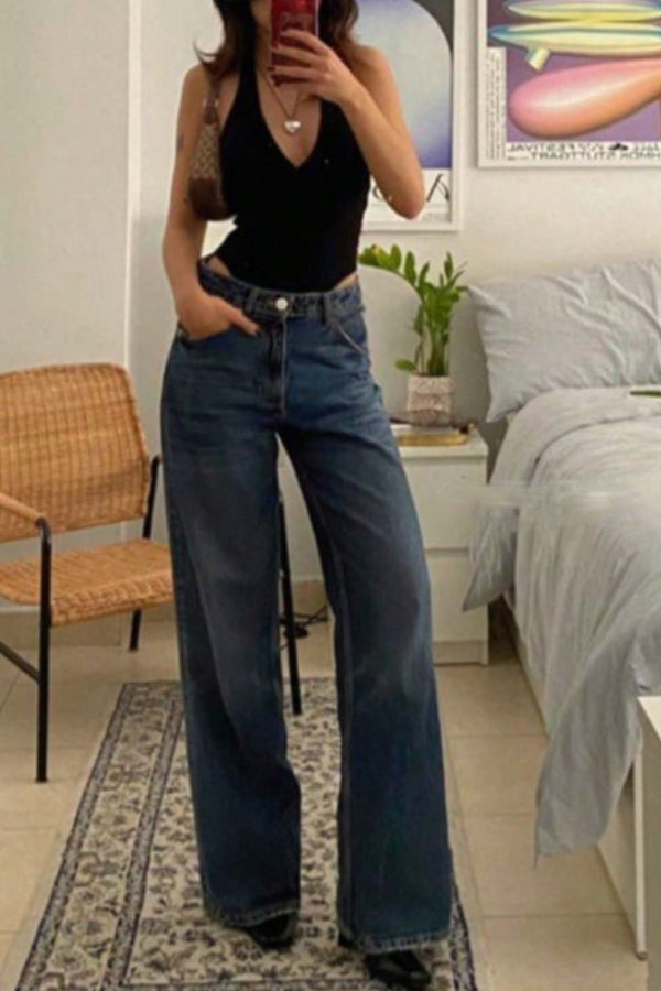Stylish Pocket Casual Straight Wide Leg Women's Jeans