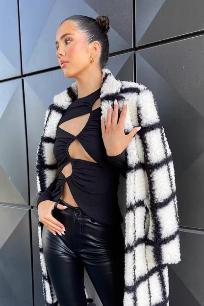 Black White Plaid Plush Lapel Overcoat