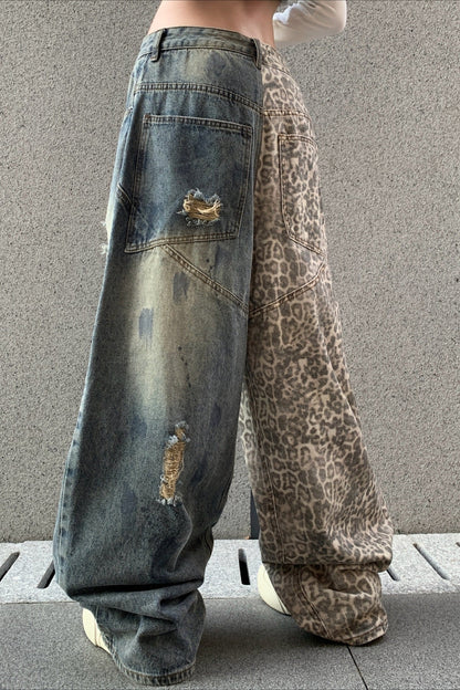 Leopard Print Ripped Wide Leg Jeans