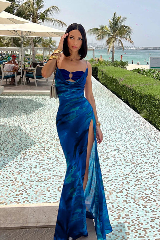 Floral Cowl Neck Split Strap Maxi Dress