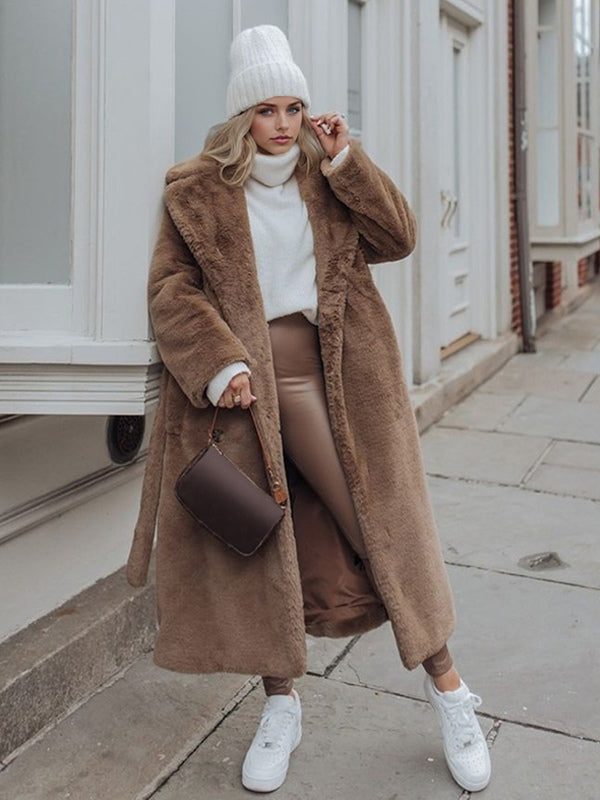 Longline Fux Fur Coat Notched Lapel Belted Eco-friendly Winter Jacket 2026