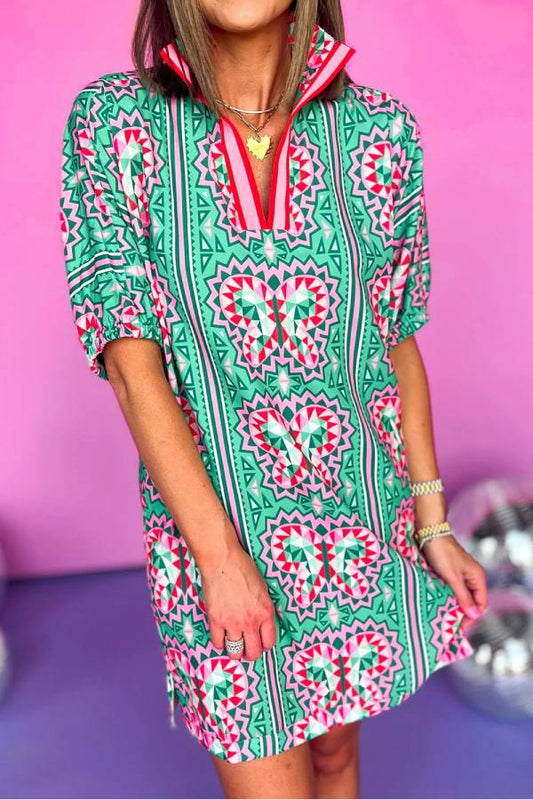 Mint Green Boho Abstract Print Split Neck Mini Dress