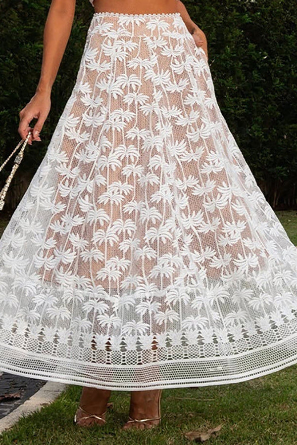 Island Dating Coconut Tree Embroidery Lace High Rise Pocketed A-line Maxi Skirt