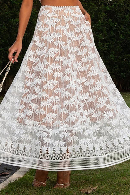 Island Dating Coconut Tree Embroidery Lace High Rise Pocketed A-line Maxi Skirt