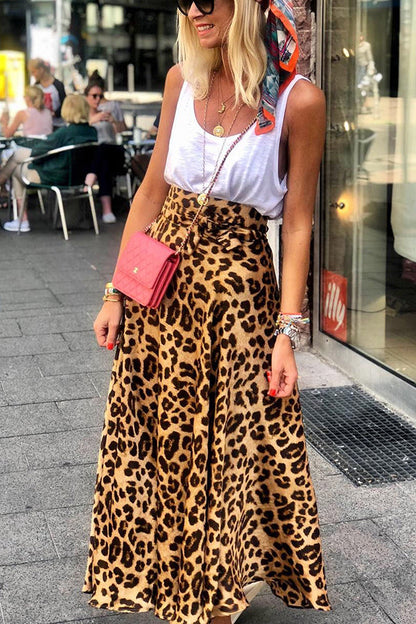 Today’s Journey Satin Leopard Tie Front Elastic Waist Midi Skirt