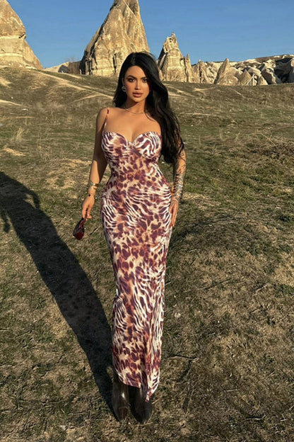 Deep V Animal Print Backless Cami Maxi Dress