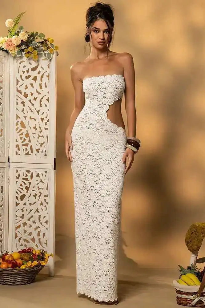 Floral Lace Strapless Side Cutout Bodycon Maxi Dress