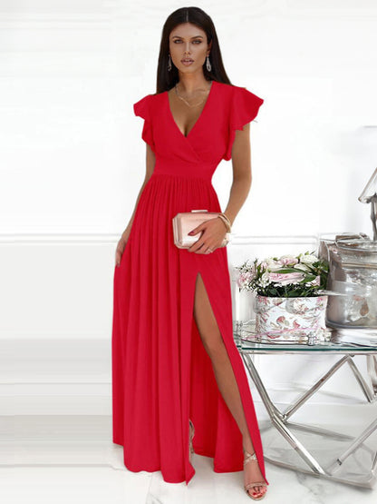 Dark Navy Maxi Dress Flutter Sleeves V-Neck Surplice Tank Prom Dresses