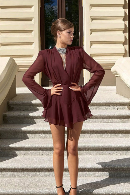Deep V-Neck Wrap Front Chiffon Long Puff Sleeve Ruffle Tier Mini Dress