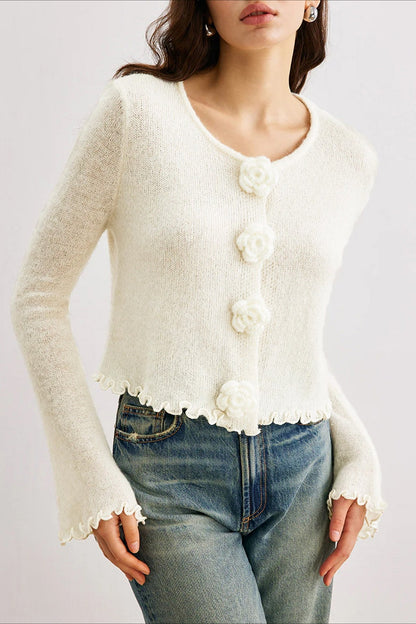 Slim-Fit 3D Floral Ruffled Pullover Knit Cardigan