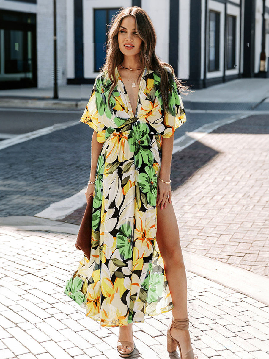 Deep V Neck Tropical Floral Maxi Dress for Women - Multi Print Split Hem Boho Dress - Summer Beach Vacation 2026