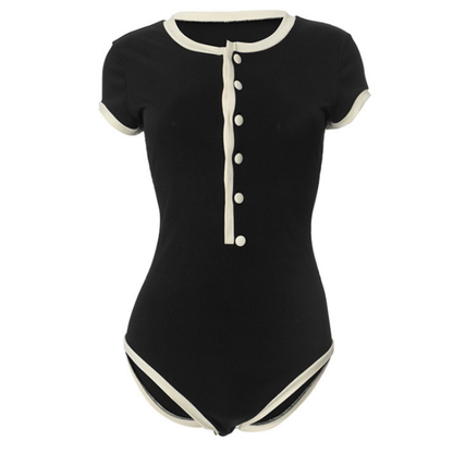 Button ribbed short sleeve round neck bodysuit