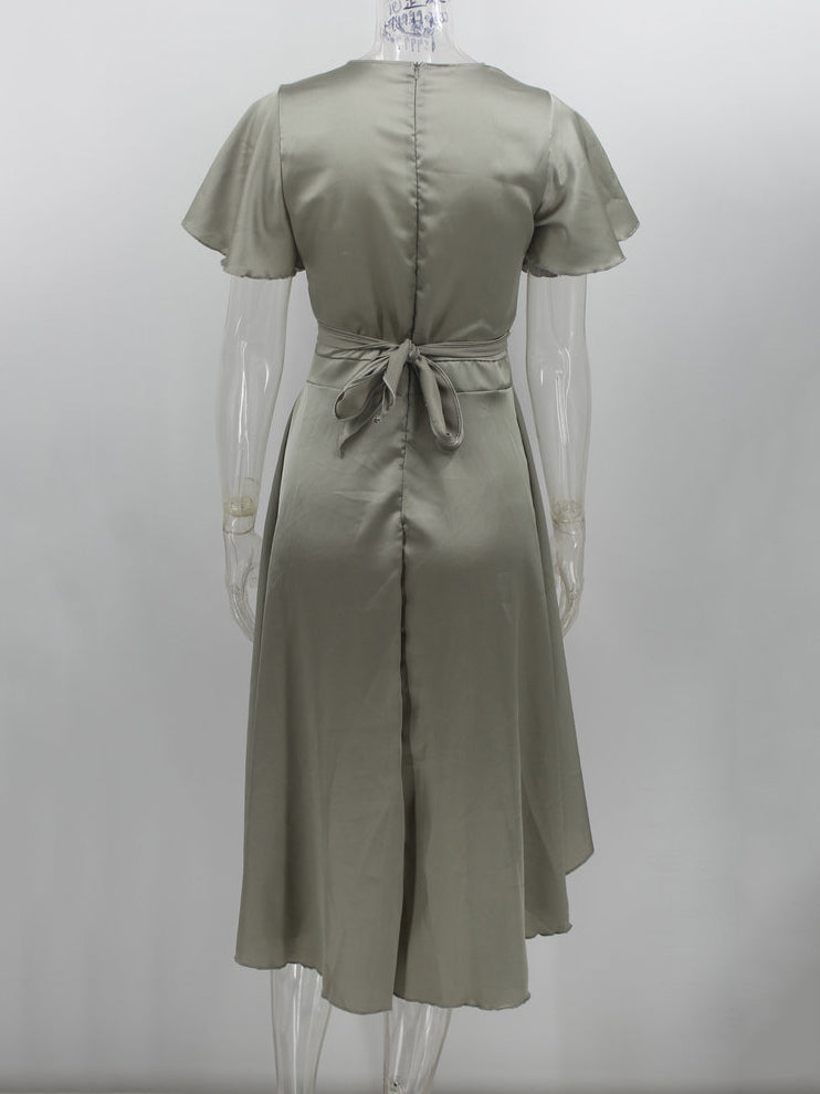 Short Sleeves Midi Dresses V-Neck Knotted High Low Design