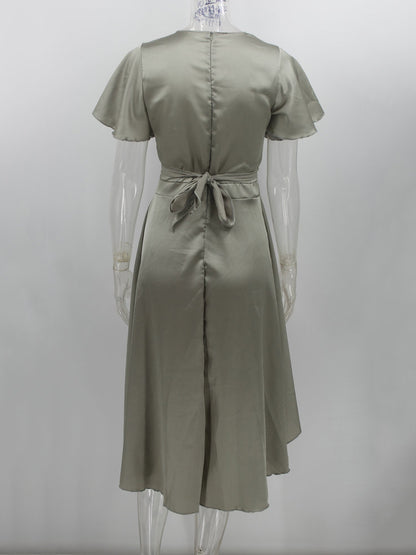 Short Sleeves Midi Dresses V-Neck Knotted High Low Design