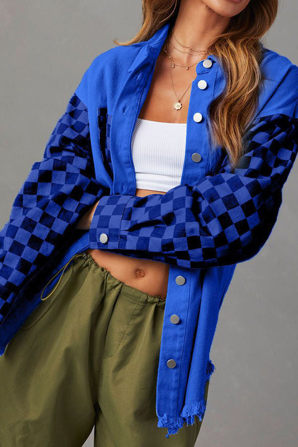 Fashionable casual loose plaid contrasting raw edge denim jacket