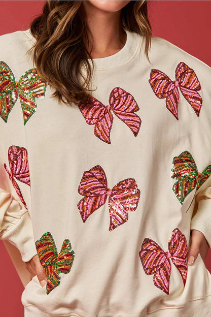 Christmas Bow Sequin Loose Casual Long Sleeve Sweatshirt
