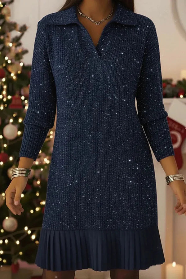 Solid Color Collared Long-sleeved Casual Pleated Knit Mini Dress