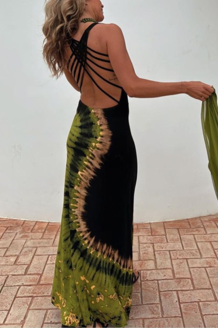 Summer Adventures Tie-dye Print Back Lace-up Stretch Maxi Dress