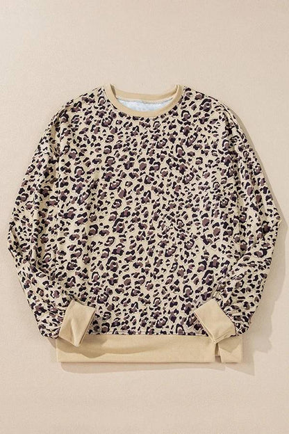 Leopard Print Crew Neck Patchwork Long sleeve Casual Loose Sweatshirt