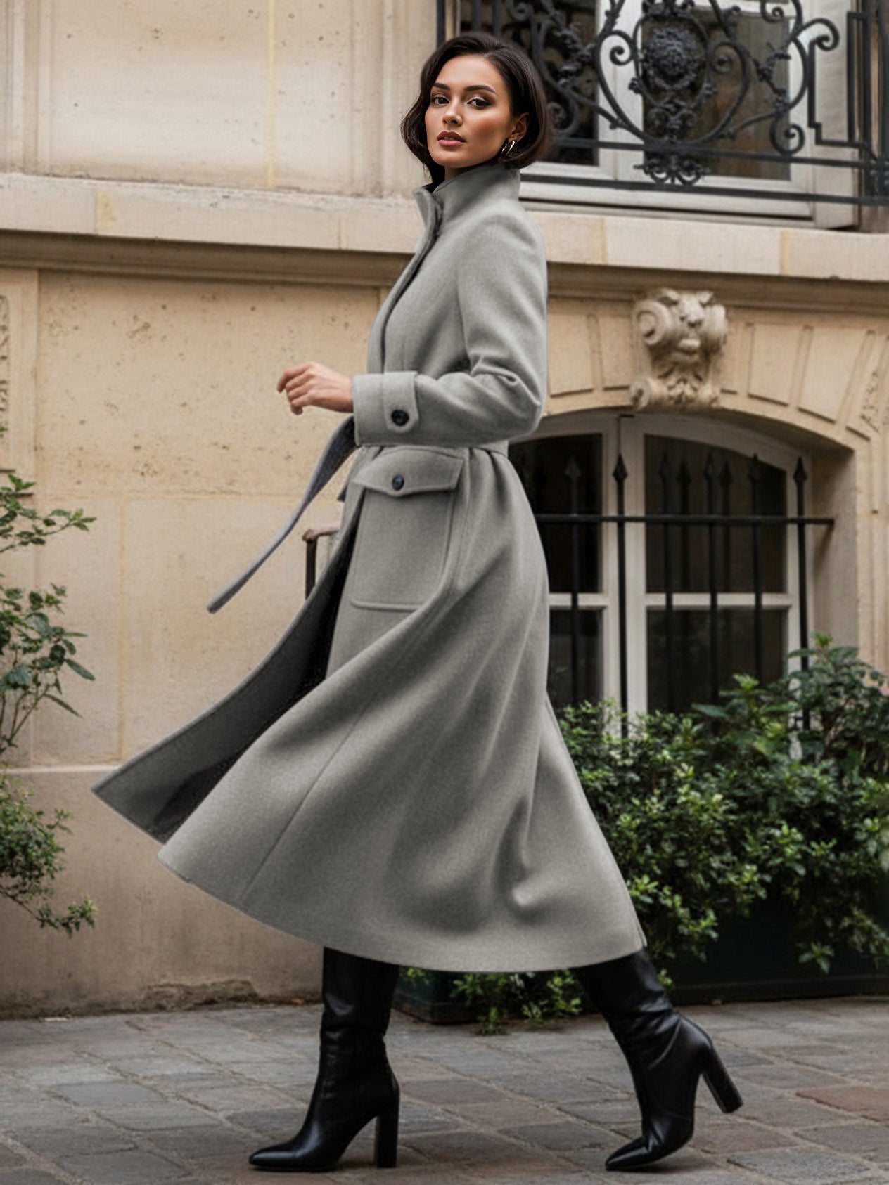 Belted Woolen Stand-Collar Long Winter Coat With Functional Pockets For Women 2026