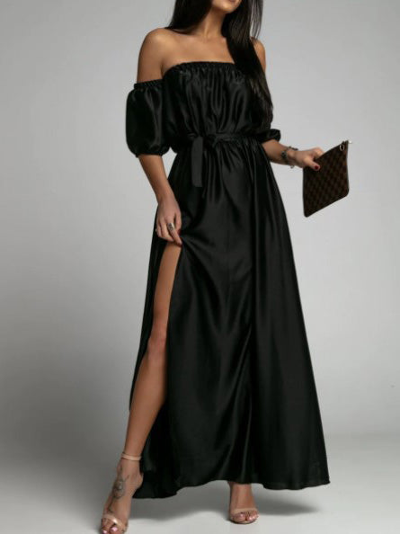 Off Shoulder Puff Sleeve Self Tie Waist Thigh Slit Satin Maxi Dress