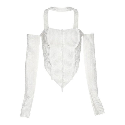 Long sleeve off shoulder patchwork halter top