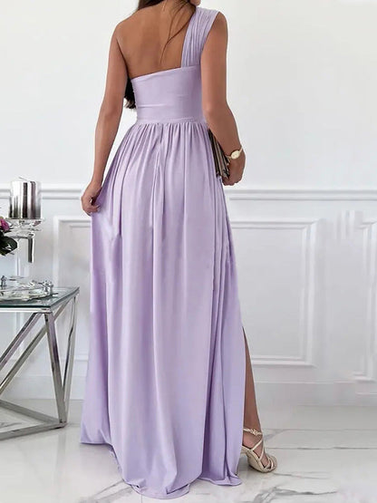 One-Shoulder Ruched Front Tie High Slit Flowy Maxi Dress