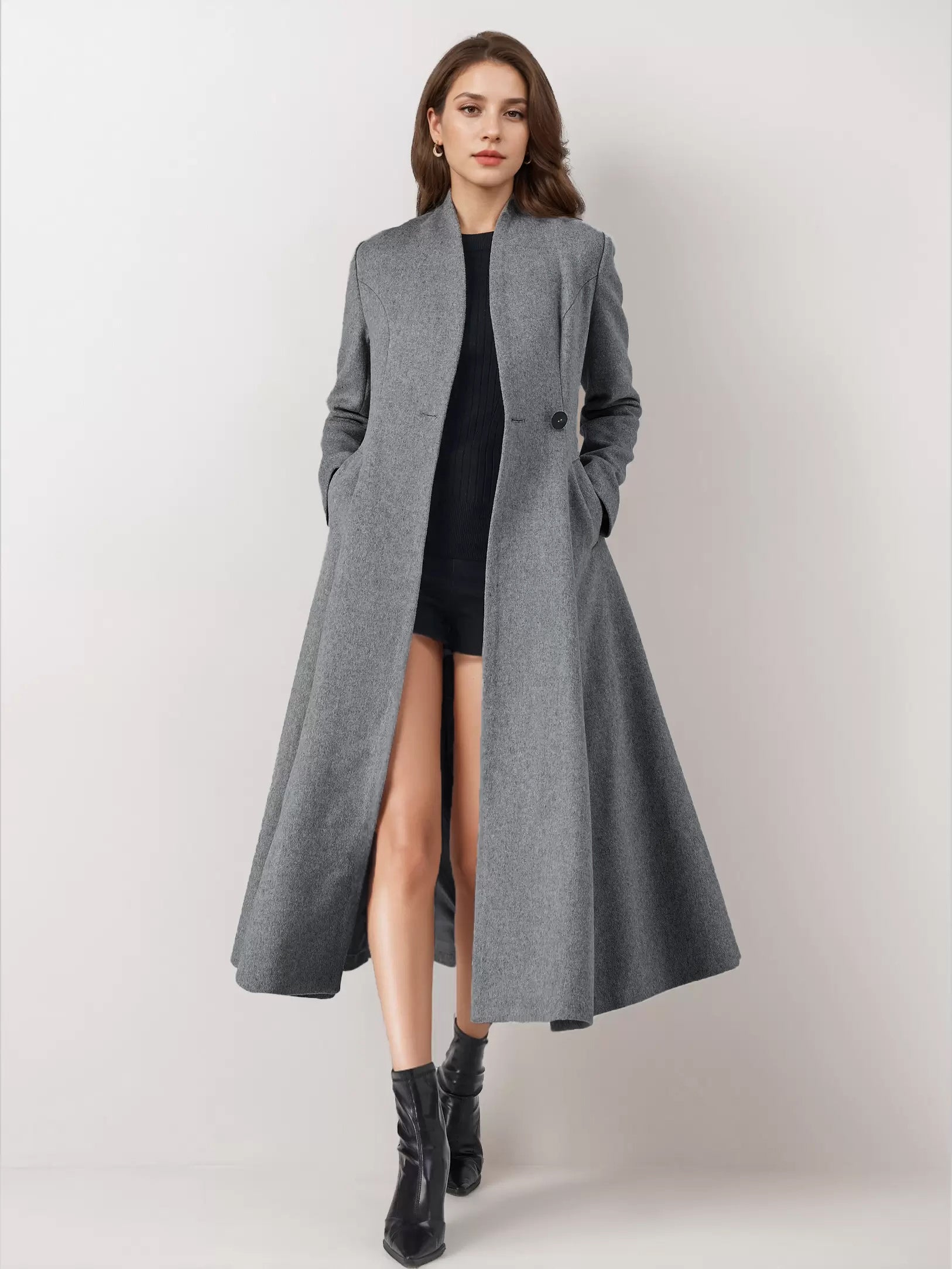 Wool Blend Flared Coat For Woman One Button Gray A-line Winter Midi Outerwear 2026
