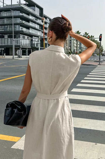 Khaki Cotton Linen Belted Shirt Maxi Dress