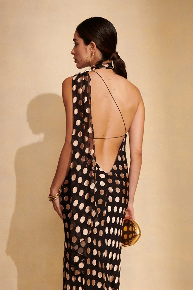 Elegant Polka Dot Backless Halter Maxi Dress
