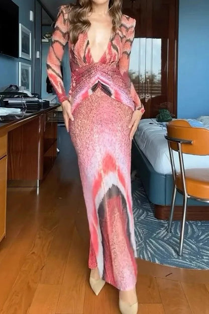 Sexy V-neck Floral Print Long Sleeve Bodycon Maxi Dress