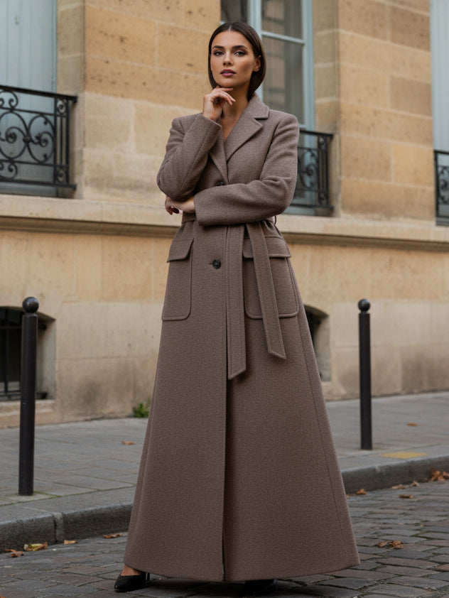 Belted Full Length Maxi Woolen Coat With Lapel And Big Pockets For Women 2026