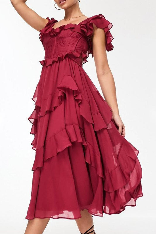 Lace Backless Tiered Ruffle Long Prom Dress